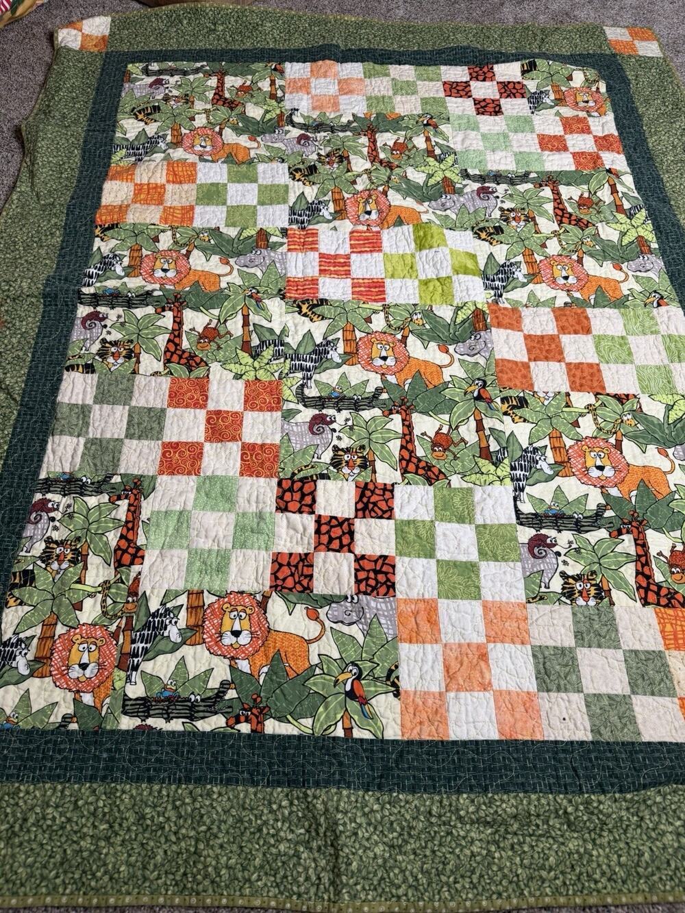 Quilt Safari Jungle Animals Squared Orange Green Cotton Blanket Decor 56 X 46in